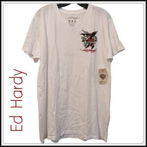 NEW White ED HARDY  True Til Death V Neck T-Shirt Men Women XL
